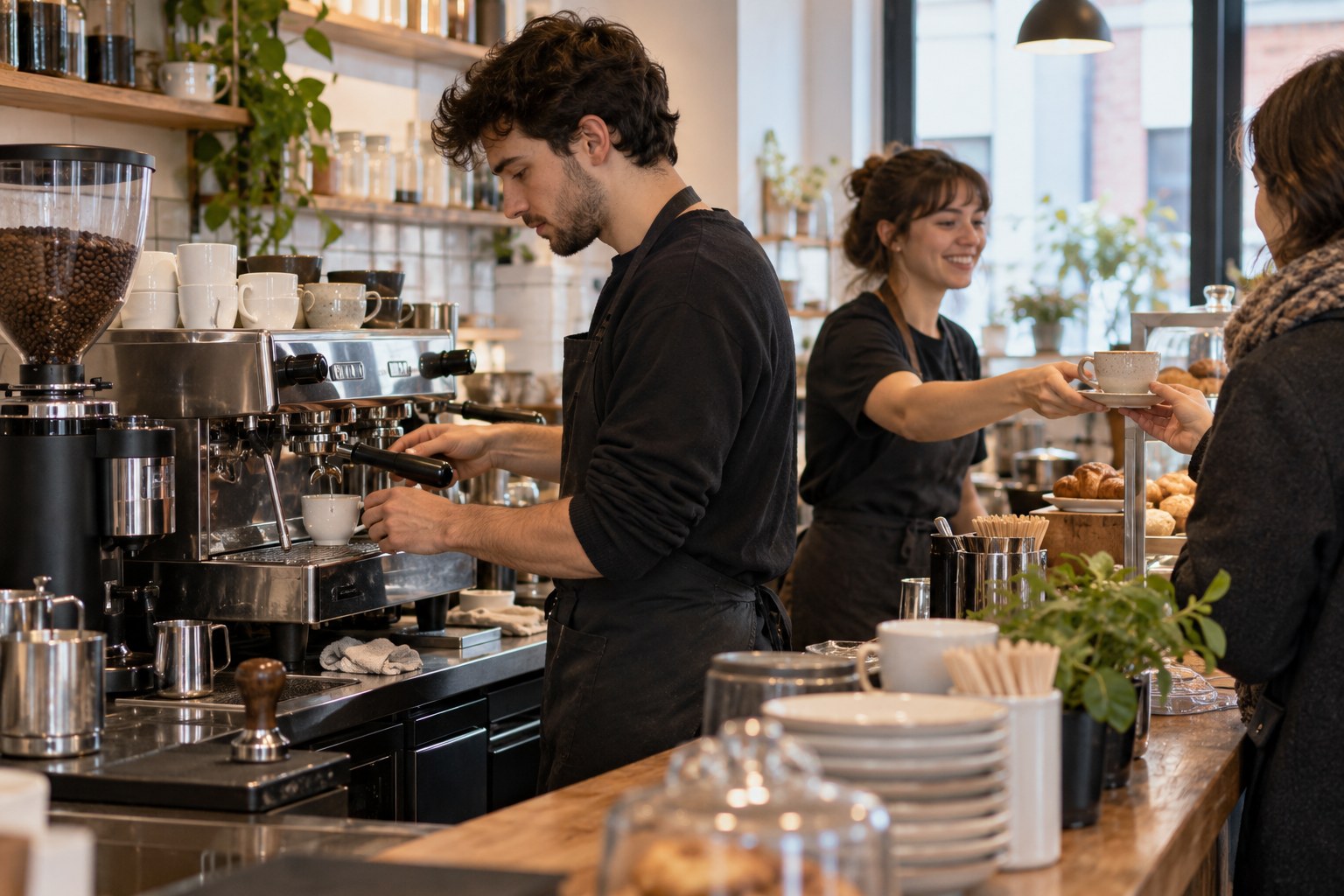 A barista prepares coffee while a colleague serves a customer.